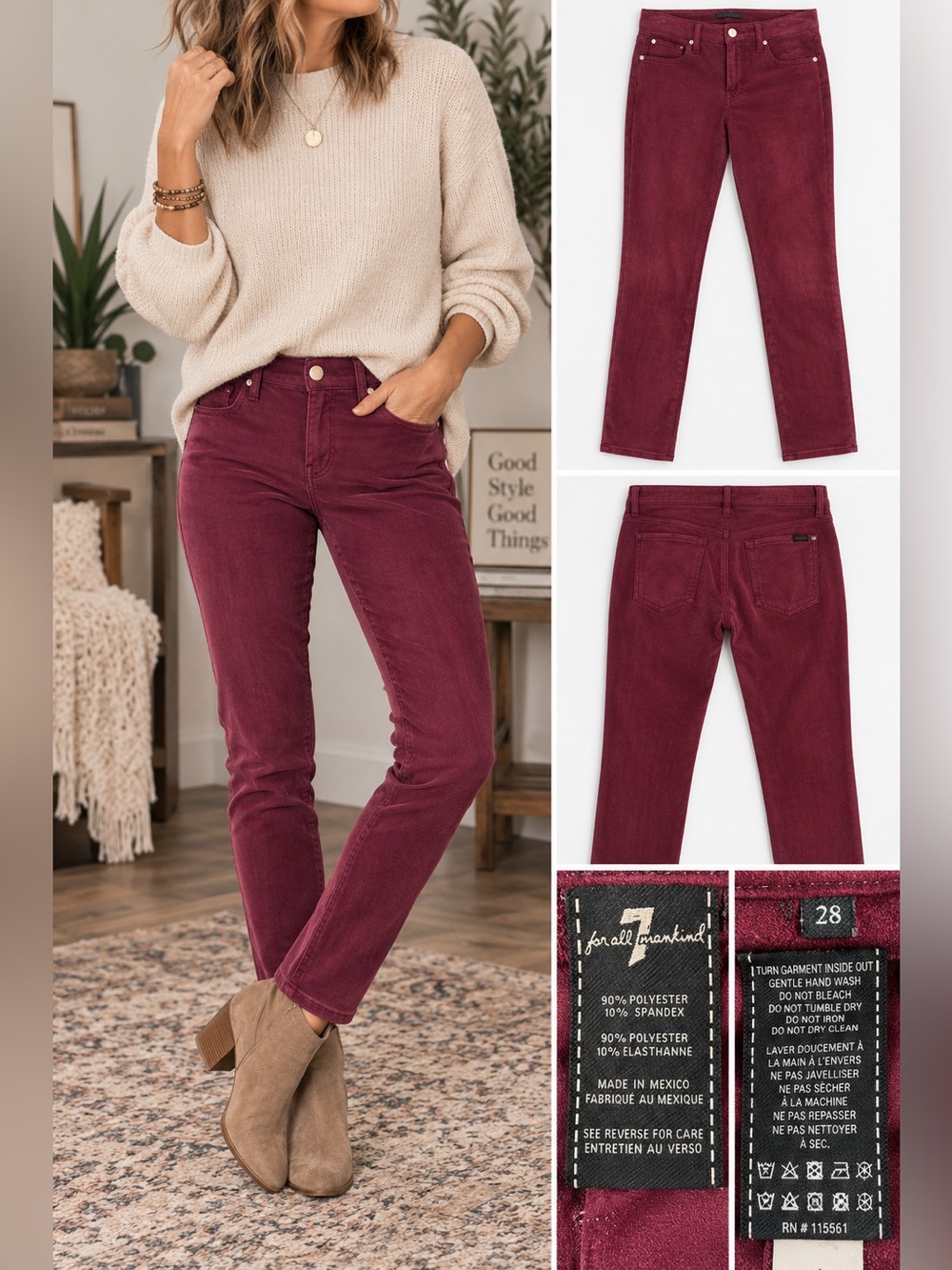 7 For All Mankind Burgundy Sueded Skinny Pants Jeans Size 28 Stretch
